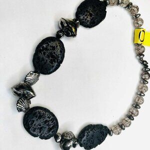 Vintage Lava Rock Necklace 1980s, Large Volcanic Stones, Glass & Metal Beads, 50
